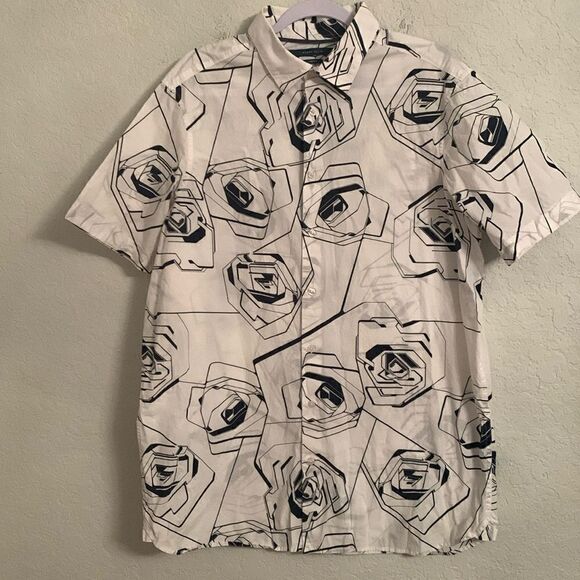 Perry Ellis Stretch White Navy Rose Men’s Shirt Size L Tall - Picture 2 of 9